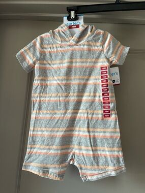 NWT Carter's Striped Hooded Baby Romper in Gray and Peach